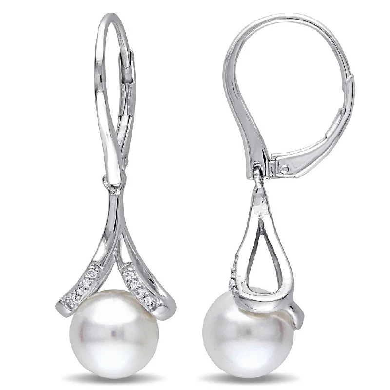 Miadora Sterling Silver Cultured Freshwater Pearl and Diamond Accent Leverback Ribbon Drop Earrings (8-8.5 mm)