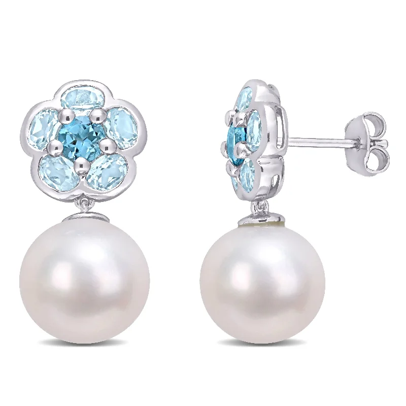 Miadora Sterling Silver Cultured Freshwater Pearl & Blue Topaz Floral Drop Earrings (11-12mm) - 23.2 mm x 11.4 mm x 11.4 mm