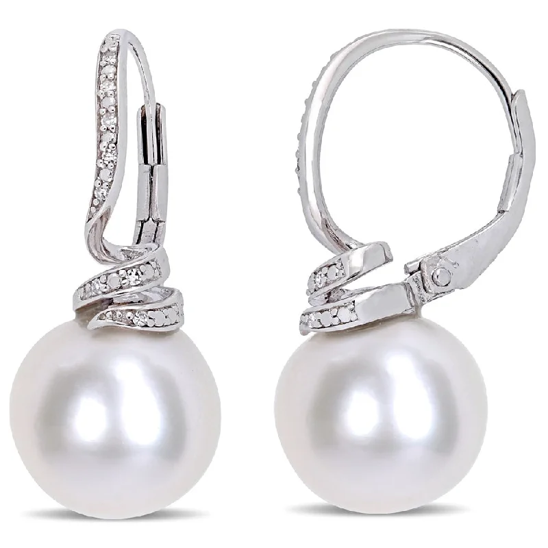 Miadora Sterling Silver Cultured Freshwater Pearl Diamond Swirl Leverback Earrings (11-12mm)