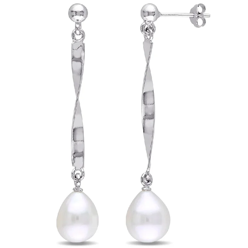 Miadora Sterling Silver Cultured Freshwater Pearl Twist Dangle Earrings (9-9.5 mm)