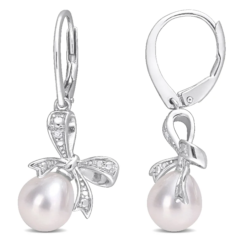 Miadora Sterling Silver Cultured FW Pearl & Diamond Accent Bow Leverback Drop Earrings (7.5-8mm)