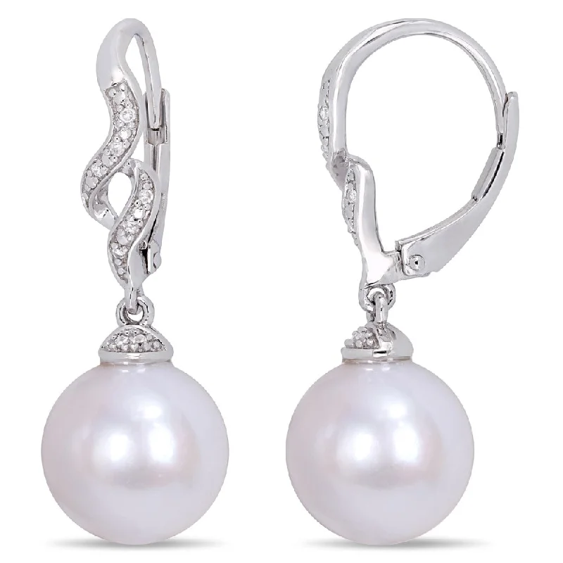 Miadora Sterling Silver Cultured FW Pearl Diamond Interlaced Drop Leverback Earrings (11-12 mm)