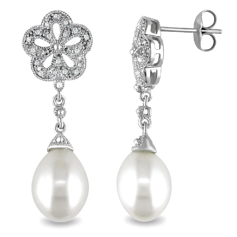 Miadora Sterling Silver Freshwater White Pearl and Diamond Accent Earrings (9.5-10 mm)