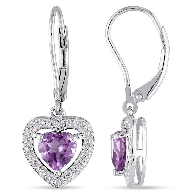 Miadora Sterling Silver Heart-Cut Amethyst and Diamond Accent Floating Heart Halo Birthstone Leverback Earrings - Purple