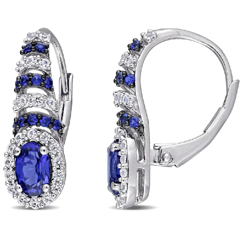 Miadora Sterling Silver with Black Rhodium Plated Created Blue & White Sapphire Leverback Earrings