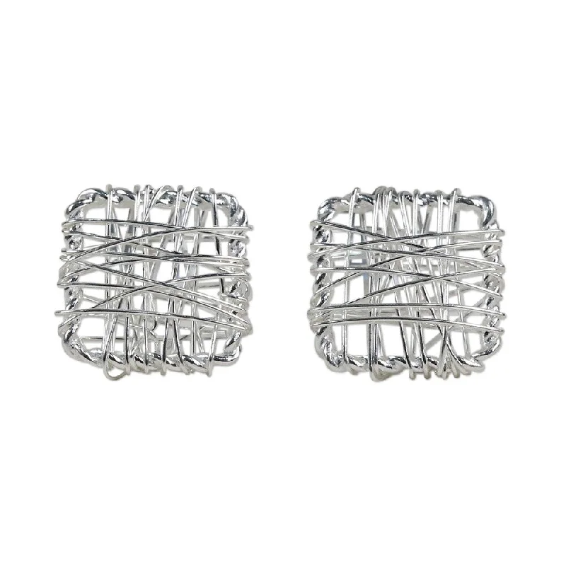 NOVICA Handmade Sterling Silver Crisscross Square Earrings (Thailand) - 0.3*0.3