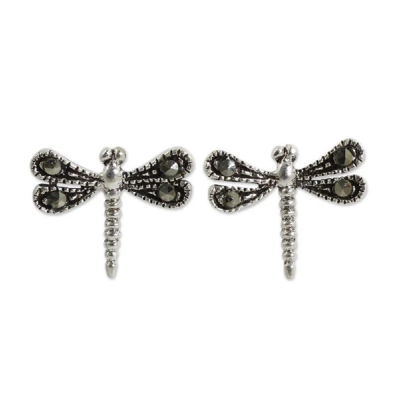 NOVICA Handmade Sterling Silver Petite Dragonflies Marcasite Earrings (Thailand)