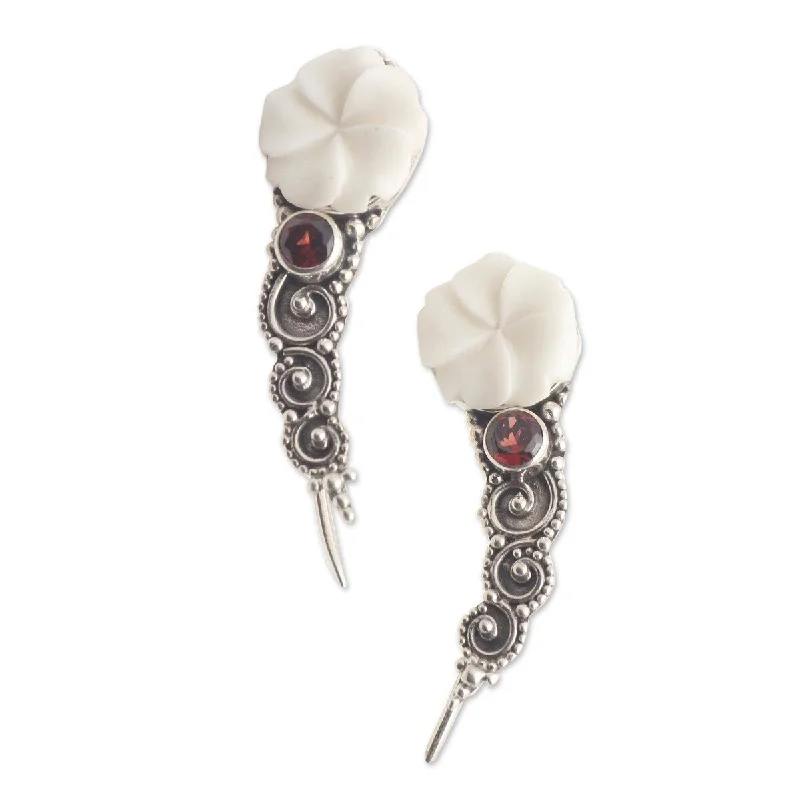 NOVICA White Jepun, Garnet ear climber earrings - 0.4*0.3